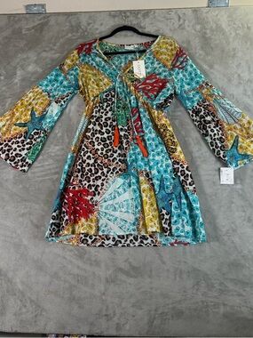Dotti Aqua and Yellow Mixed-Print V-Neck Tunic with Tassel Tie swim cover